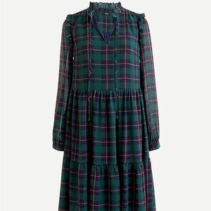 NWT J. Crew Tiered Tie Down Dress Tartan Black Watch Argyle Womens Small Green